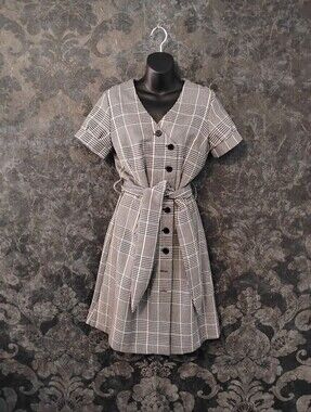 European Reserved Gray Plaid Button-Front Belted Mini Dress